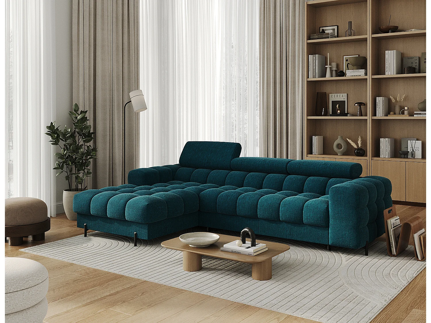 Canapé d’angle convertible tissu appuis-tête réglables KATE – Coffre et pieds métal noir-Bleu canard-angle gauche