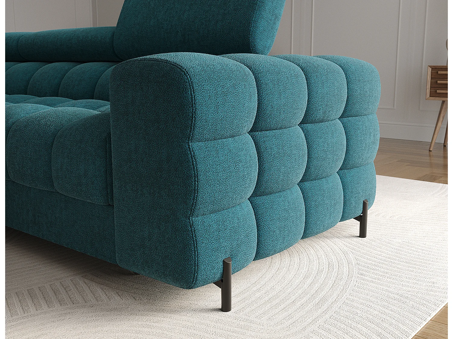 Canapé d’angle convertible tissu appuis-tête réglables KATE – Coffre et pieds métal noir-Bleu canard-angle gauche