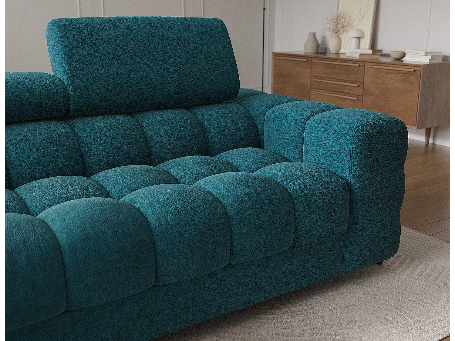 Canapé d’angle convertible tissu appuis-tête réglables KATE – Coffre et pieds métal noir-Bleu canard-angle gauche