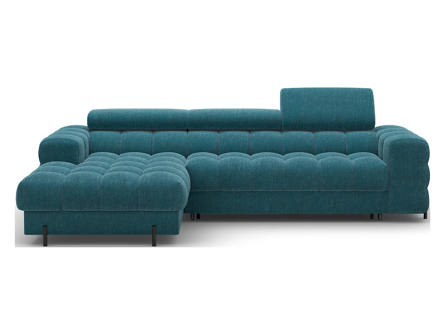 Canapé d’angle convertible tissu appuis-tête réglables KATE – Coffre et pieds métal noir-Bleu canard-angle gauche