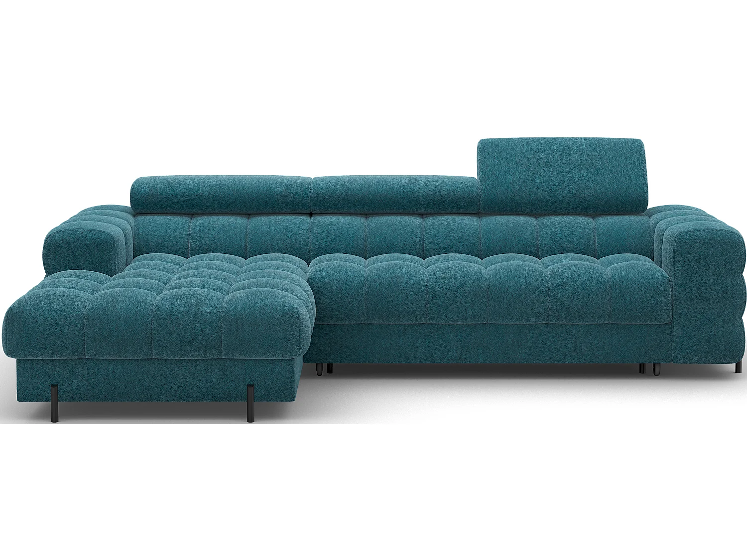 Canapé d’angle convertible tissu appuis-tête réglables KATE – Coffre et pieds métal noir-Bleu canard-angle gauche