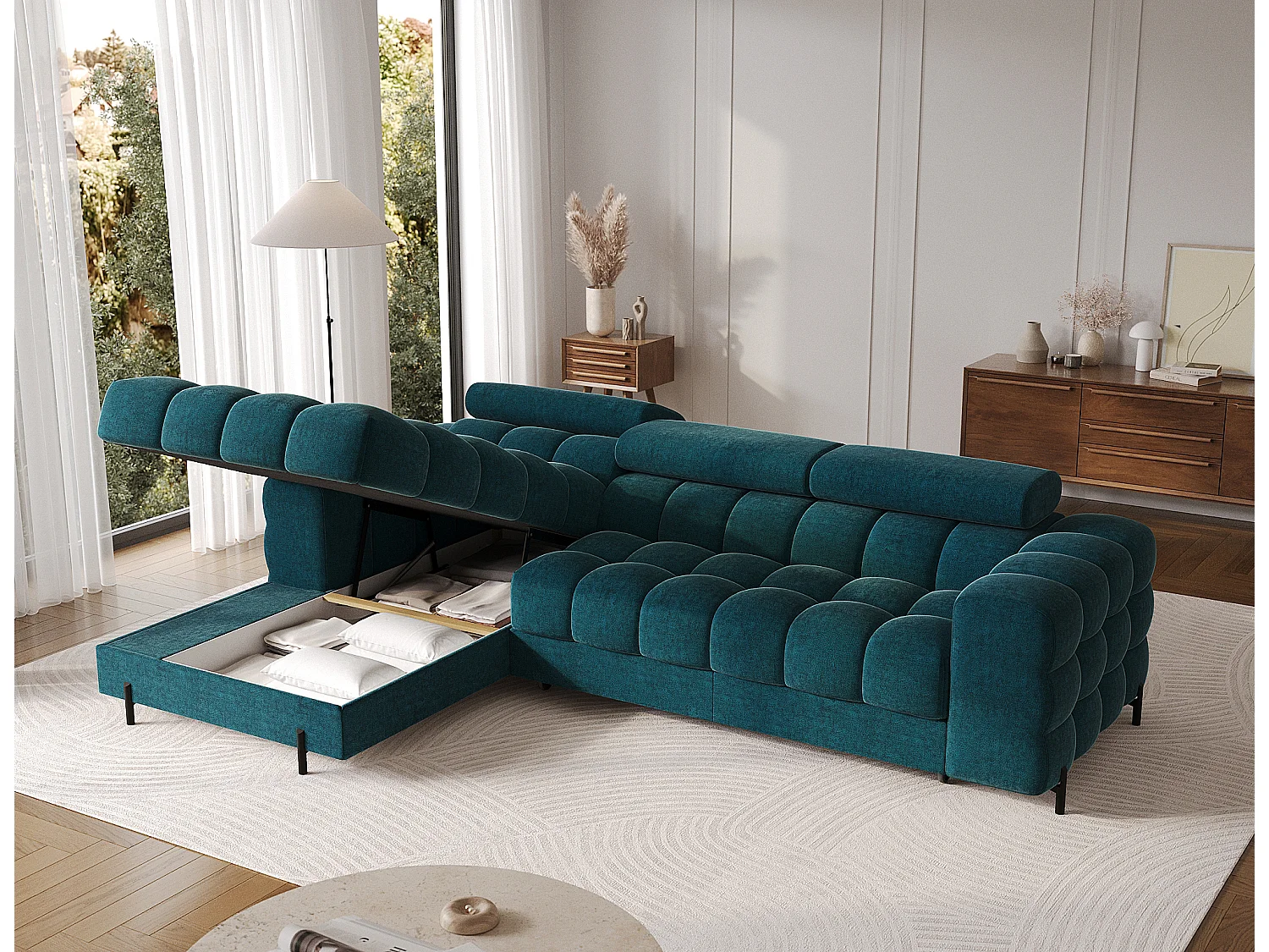 Canapé d’angle convertible tissu appuis-tête réglables KATE – Coffre et pieds métal noir-Bleu canard-angle gauche