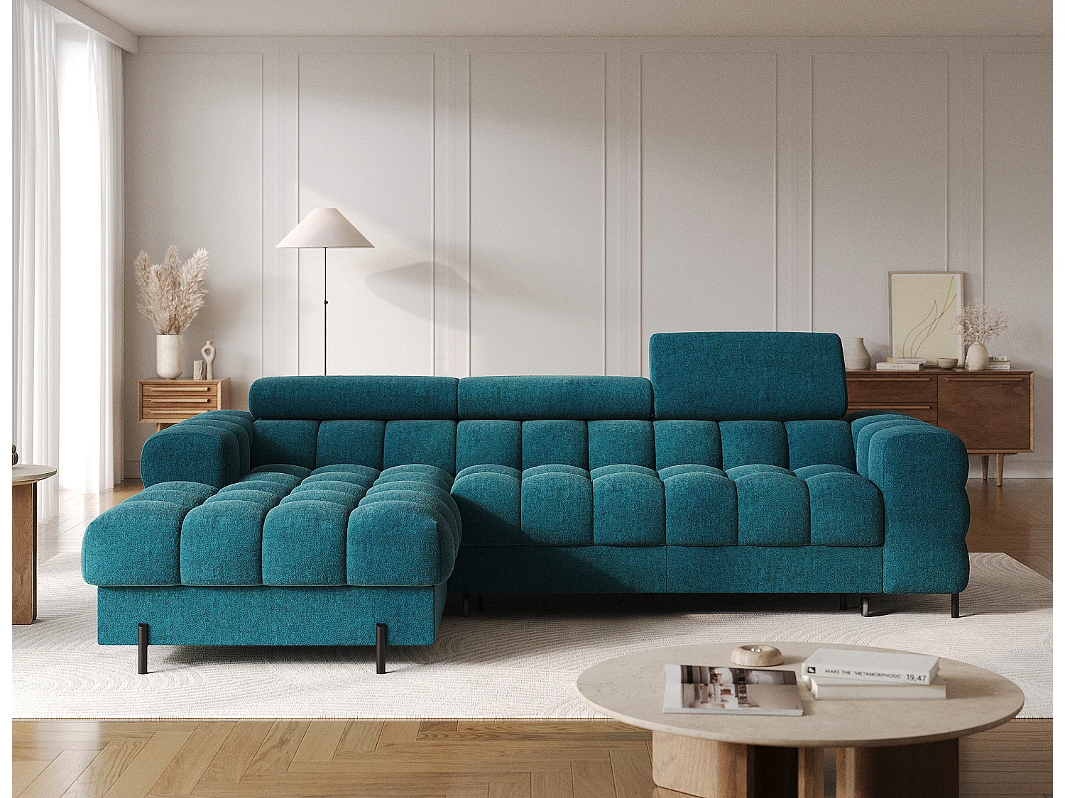 Canapé d’angle convertible tissu appuis-tête réglables KATE – Coffre et pieds métal noir-Bleu canard-angle gauche