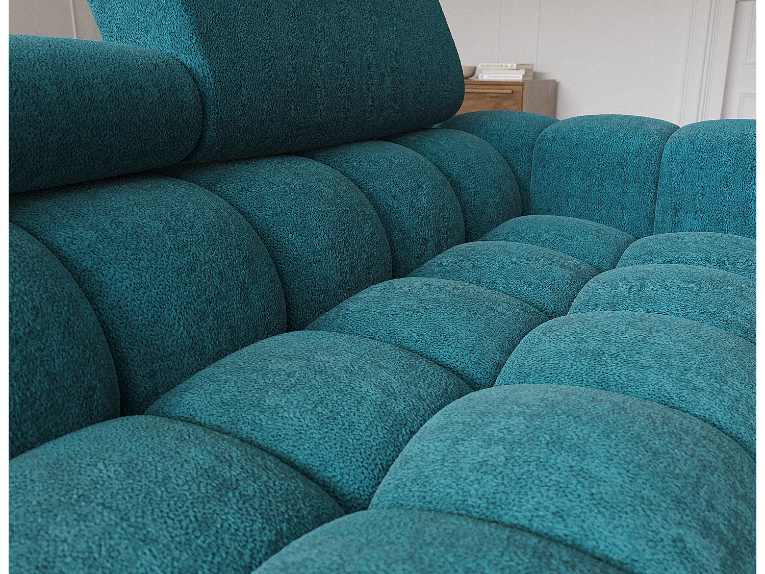 Canapé d’angle convertible tissu appuis-tête réglables KATE – Coffre et pieds métal noir-Bleu canard-angle gauche