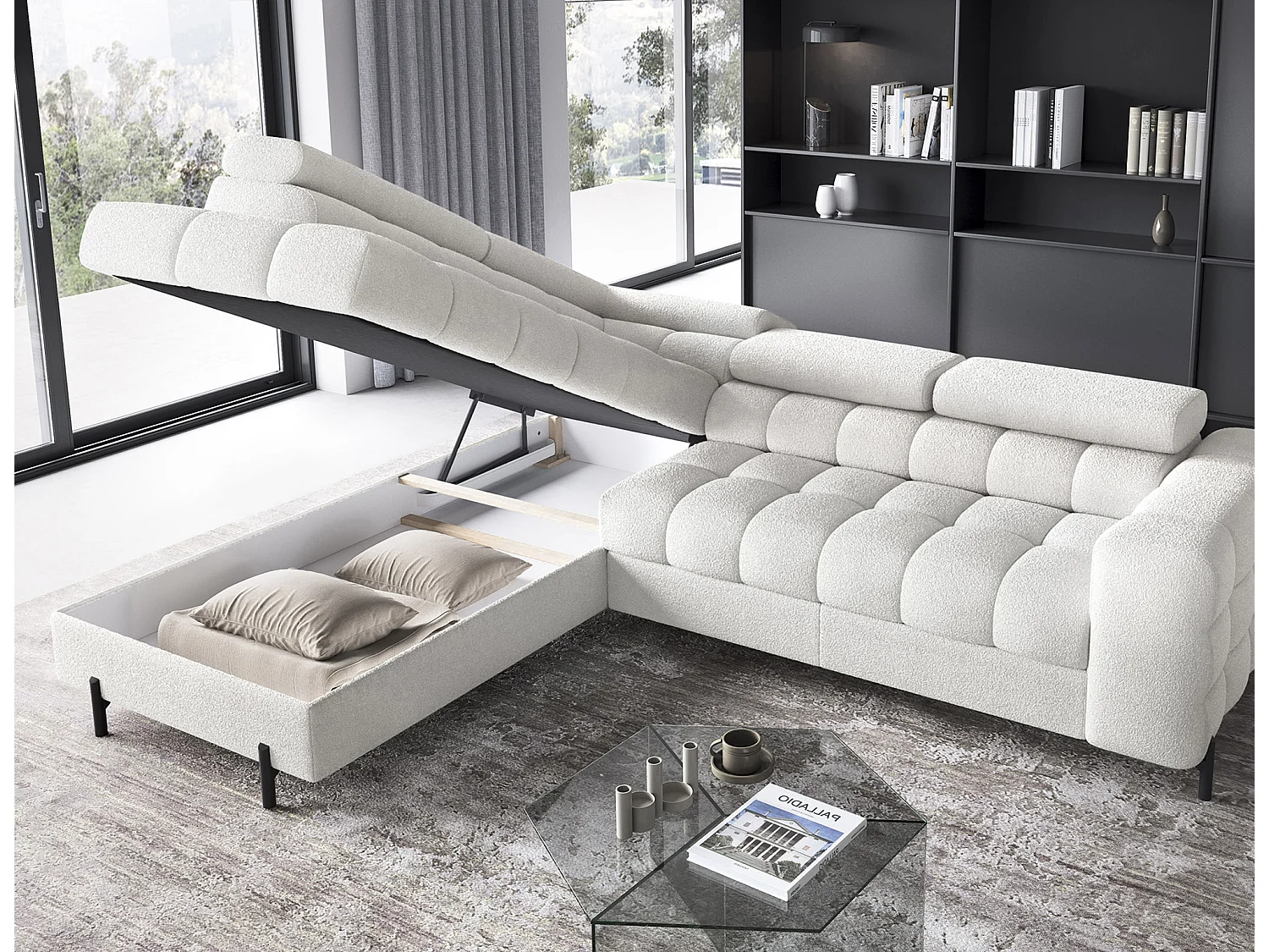 Canapé d'angle Latina L/revêtement en tissu bouclé/blanc