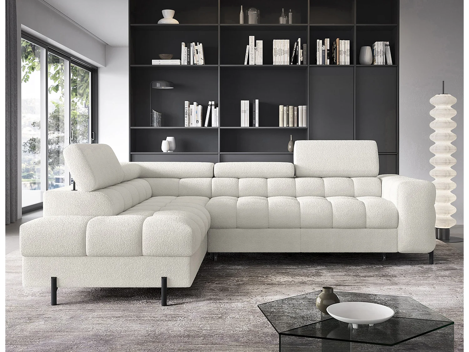 Canapé d'angle Latina L/revêtement en tissu bouclé/blanc