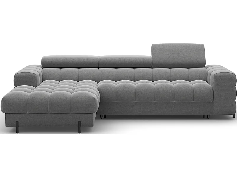 Canapé d’angle convertible velours appuis-tête réglables KATE – Coffre et pieds métal noir-Gris foncé-angle gauche