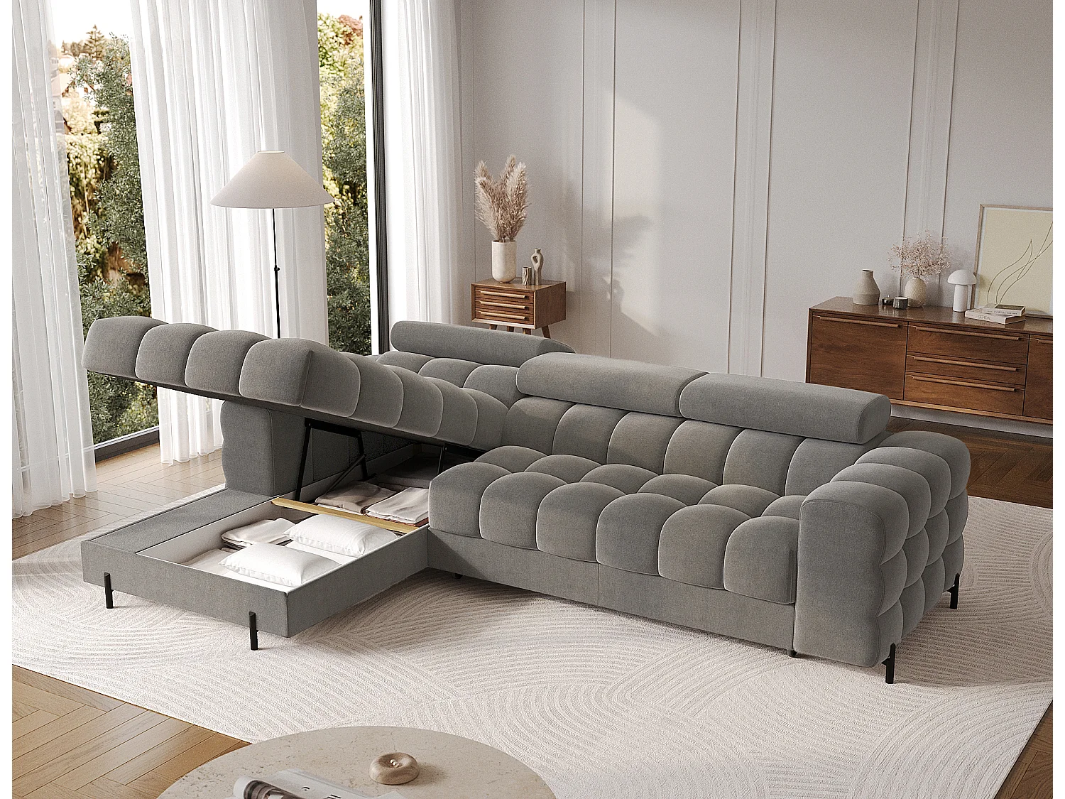 Canapé d’angle convertible velours appuis-tête réglables KATE – Coffre et pieds métal noir-Gris foncé-angle gauche