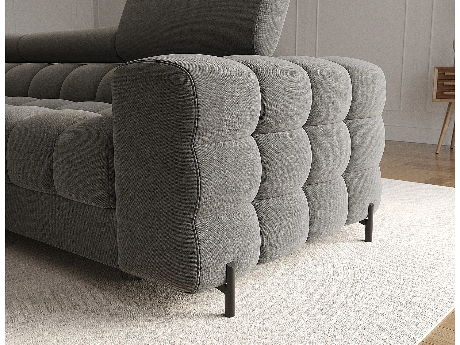 Canapé d’angle convertible velours appuis-tête réglables KATE – Coffre et pieds métal noir-Gris foncé-angle gauche