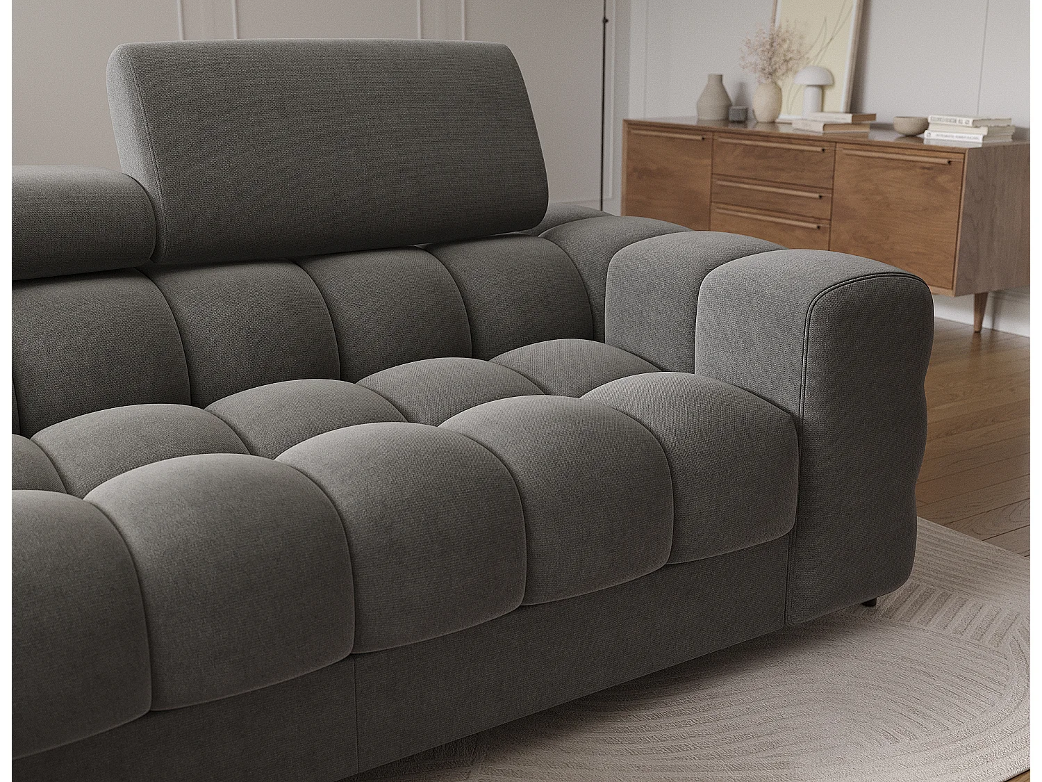 Canapé d’angle convertible velours appuis-tête réglables KATE – Coffre et pieds métal noir-Gris foncé-angle gauche