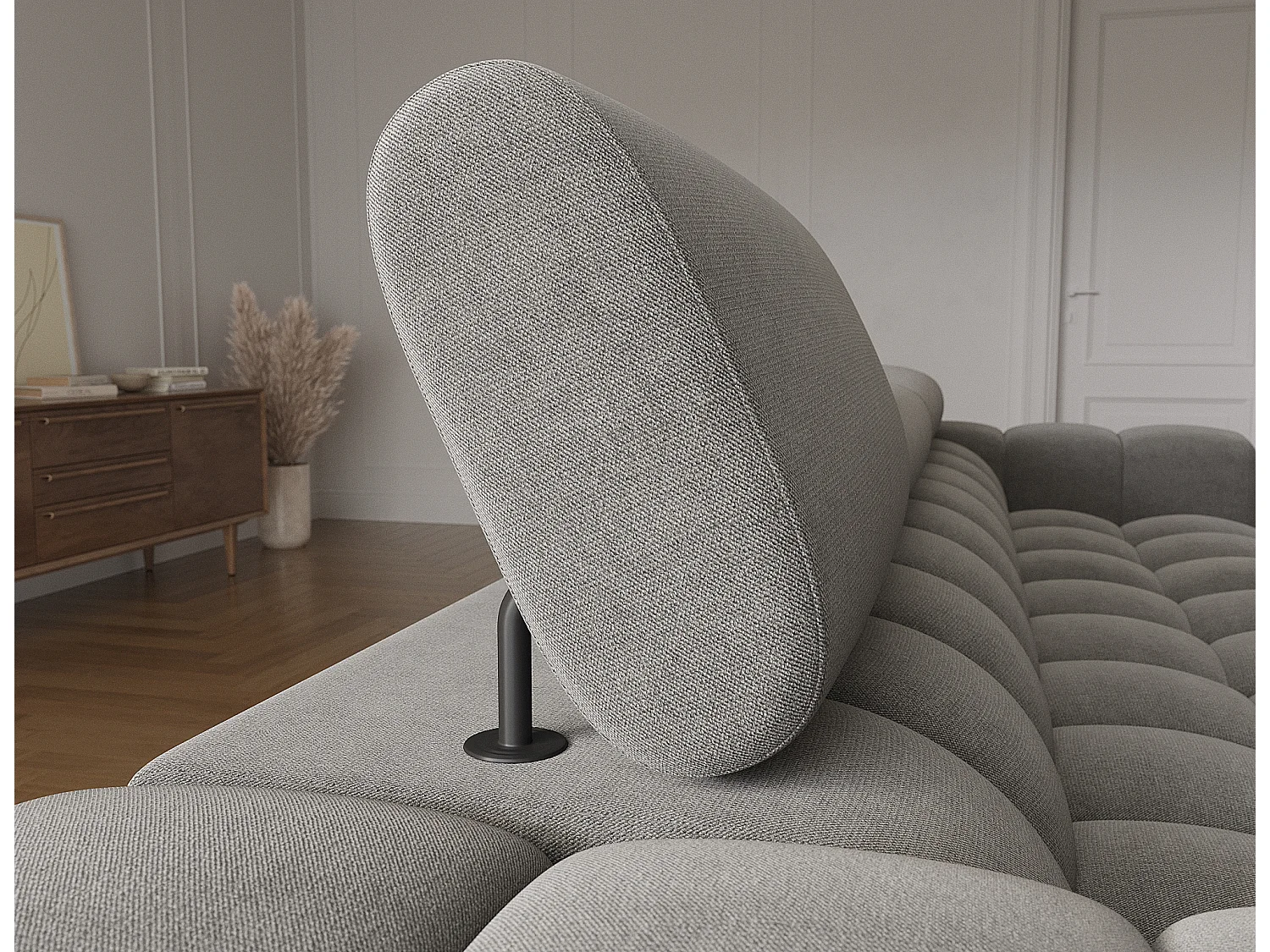 Canapé d’angle convertible velours appuis-tête réglables KATE – Coffre et pieds métal noir-Gris foncé-angle gauche