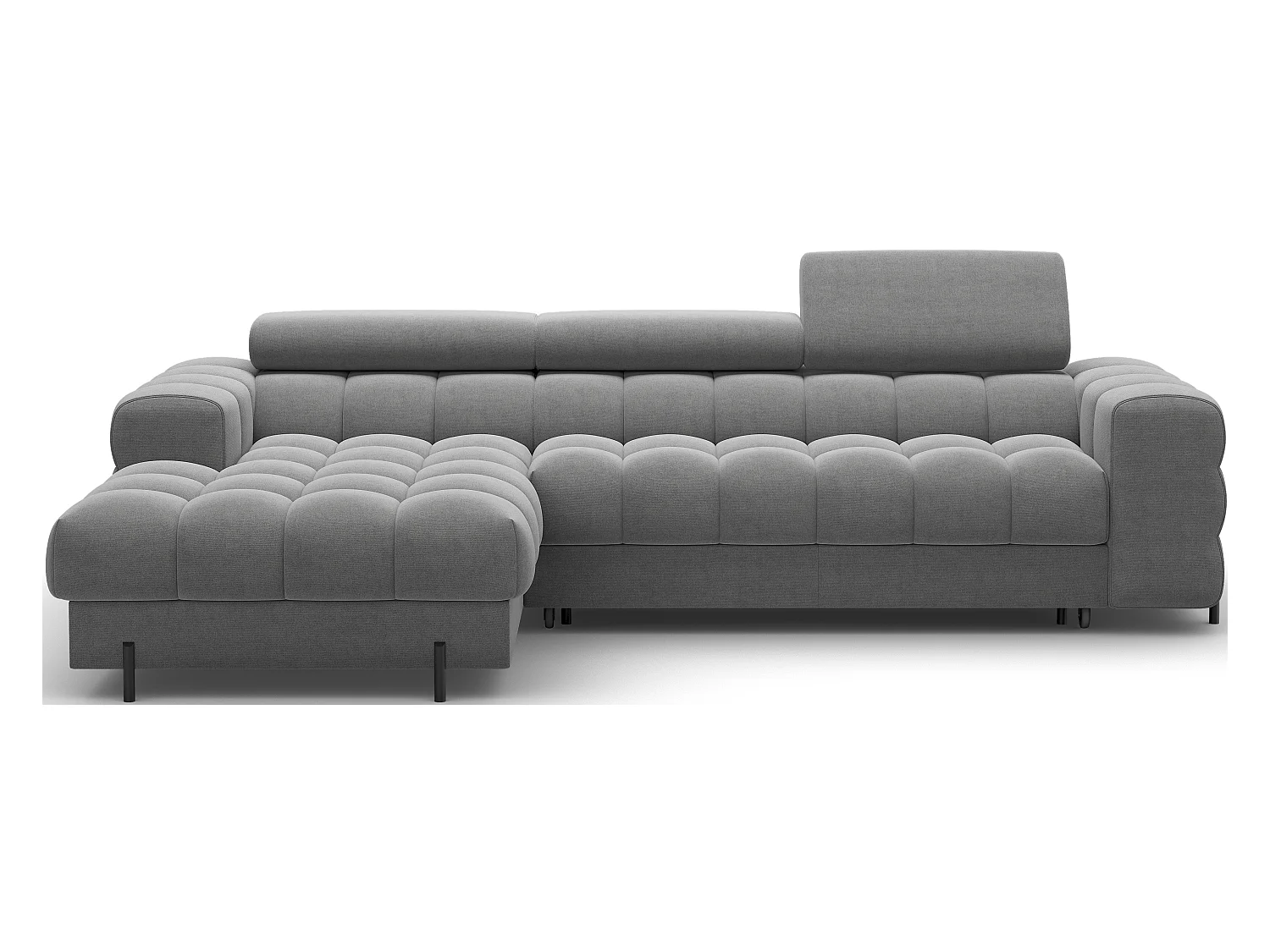 Canapé d’angle convertible velours appuis-tête réglables KATE – Coffre et pieds métal noir-Gris foncé-angle gauche