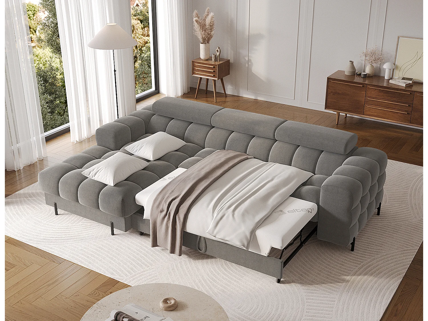 Canapé d’angle convertible velours appuis-tête réglables KATE – Coffre et pieds métal noir-Gris foncé-angle gauche