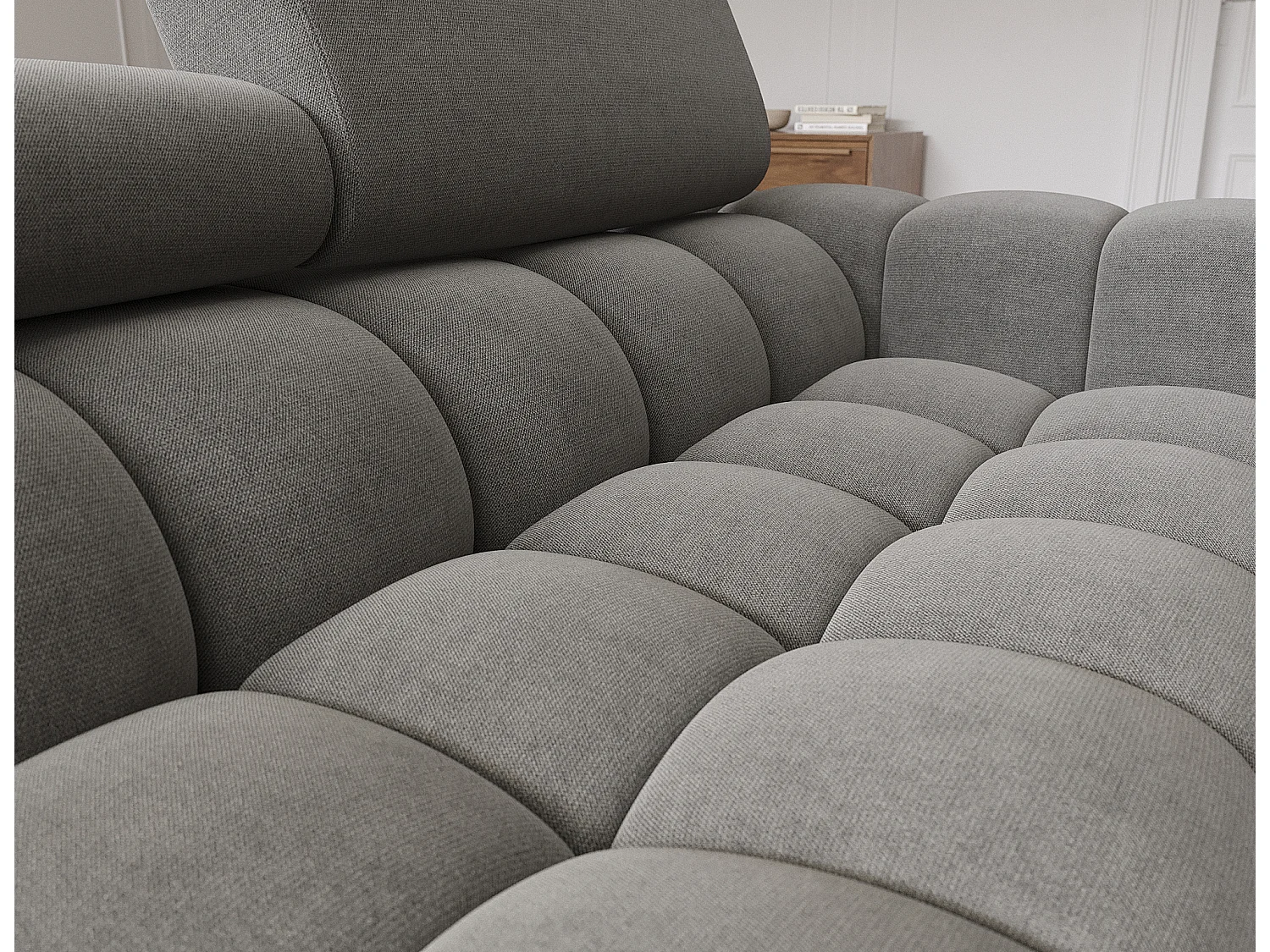 Canapé d’angle convertible velours appuis-tête réglables KATE – Coffre et pieds métal noir-Gris foncé-angle gauche