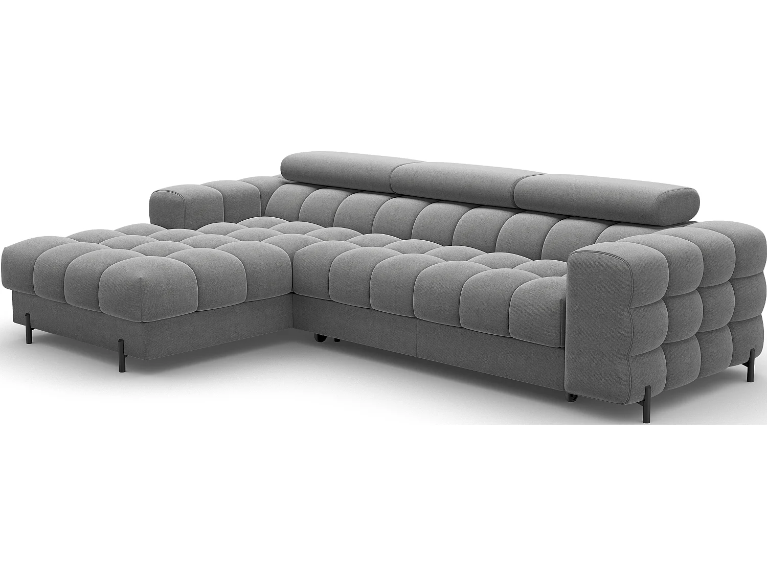 Canapé d’angle convertible velours appuis-tête réglables KATE – Coffre et pieds métal noir-Gris foncé-angle gauche