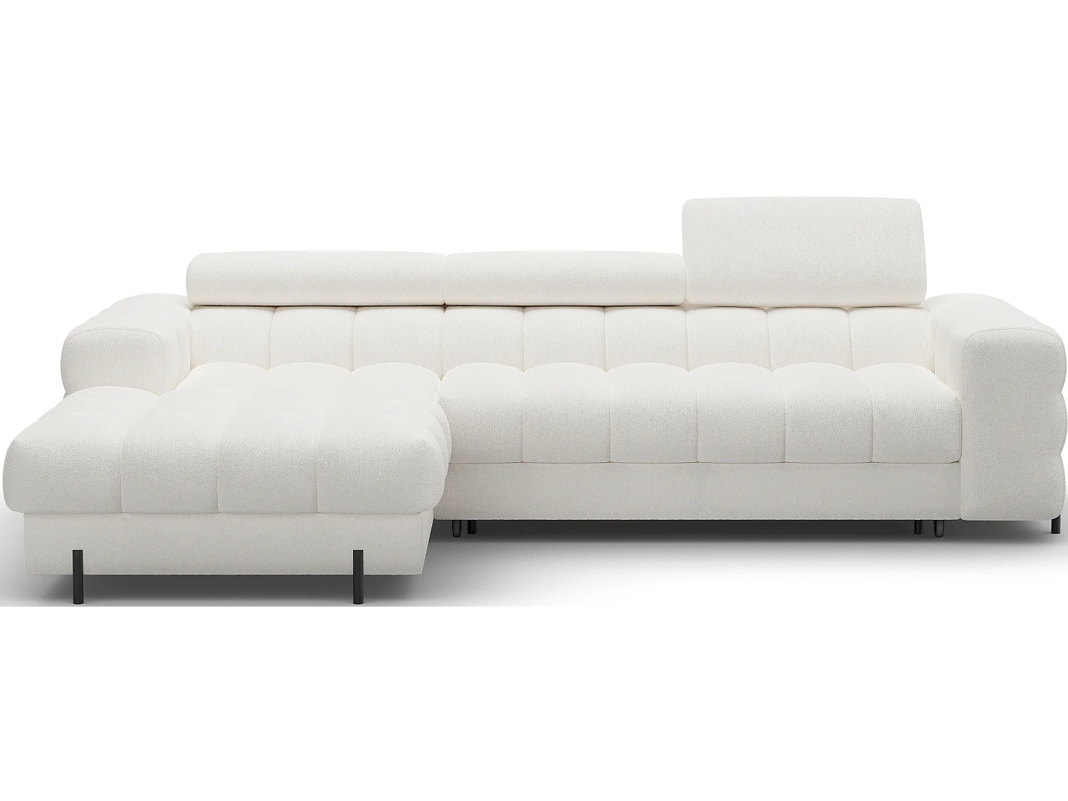 Canapé d’angle convertible tissu appuis-tête réglables KATE – Coffre et pieds métal noir-Blanc cassé-angle gauche