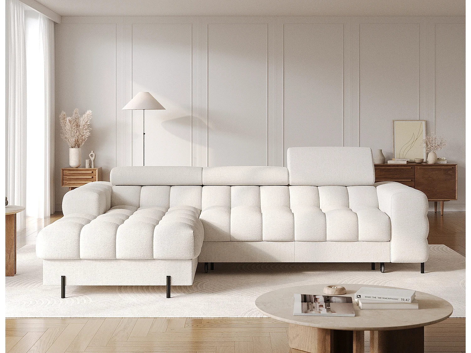 Canapé d’angle convertible tissu appuis-tête réglables KATE – Coffre et pieds métal noir-Blanc cassé-angle gauche