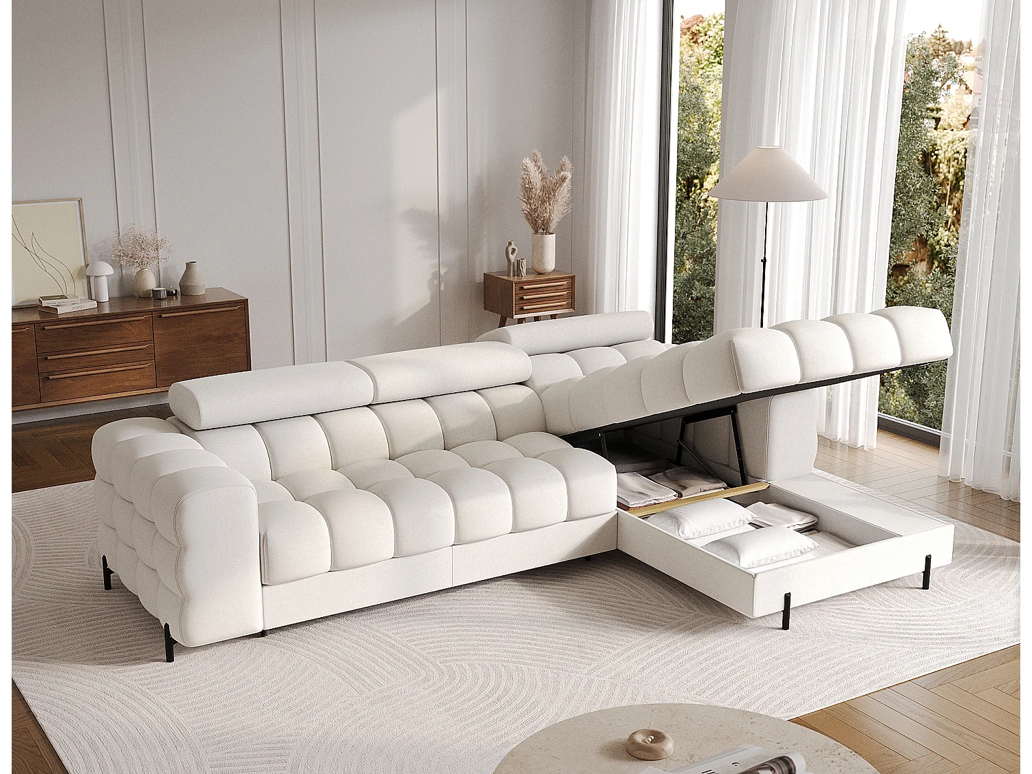 Canapé d’angle convertible tissu appuis-tête réglables KATE – Coffre et pieds métal noir-Blanc cassé-angle gauche