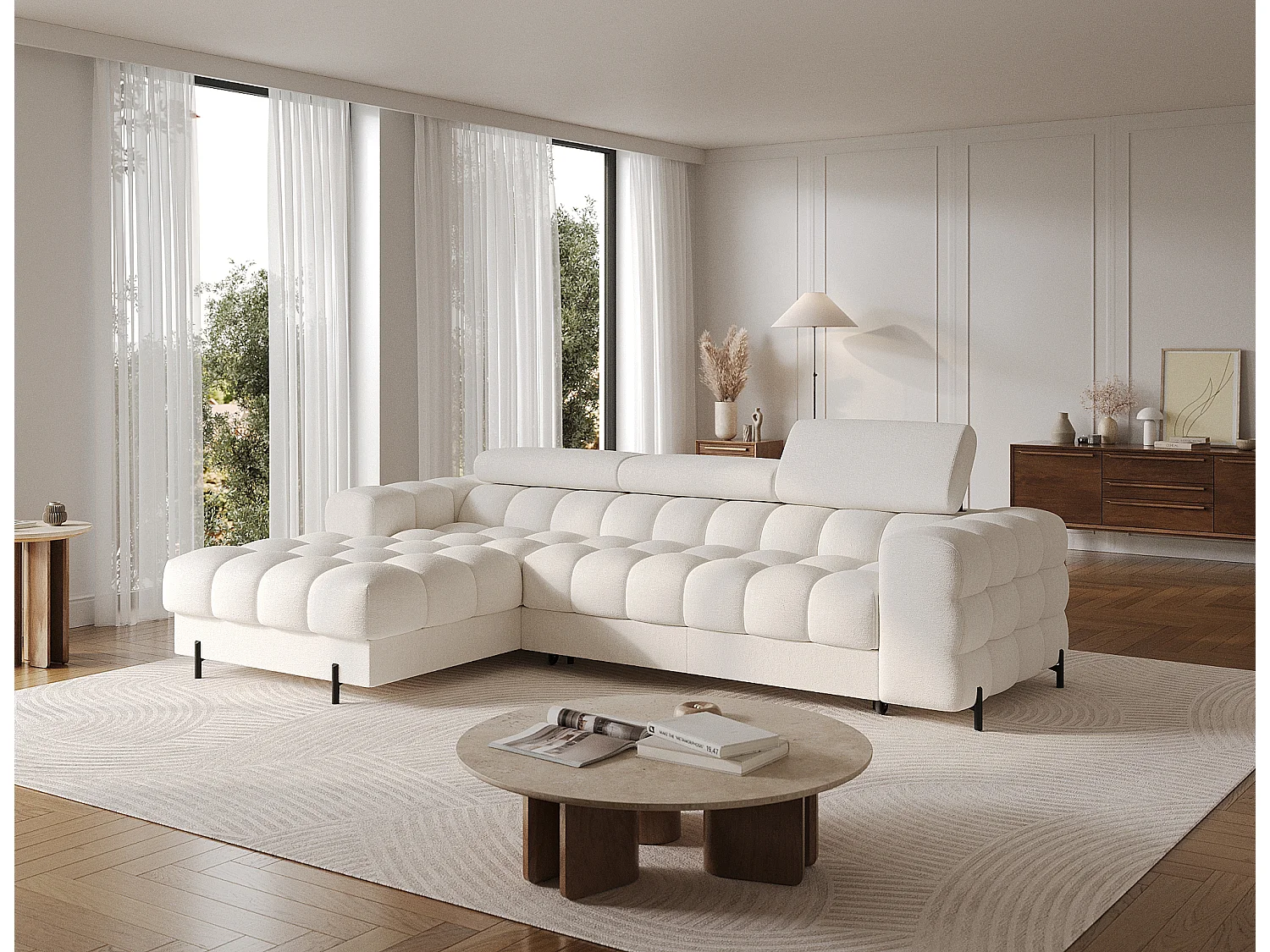 Canapé d’angle convertible tissu appuis-tête réglables KATE – Coffre et pieds métal noir-Blanc cassé-angle gauche