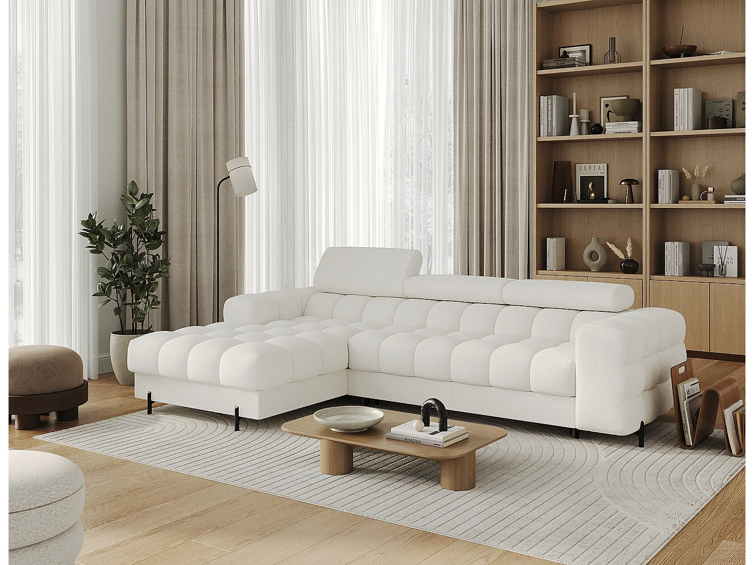 Canapé d’angle convertible tissu appuis-tête réglables KATE – Coffre et pieds métal noir-Blanc cassé-angle gauche