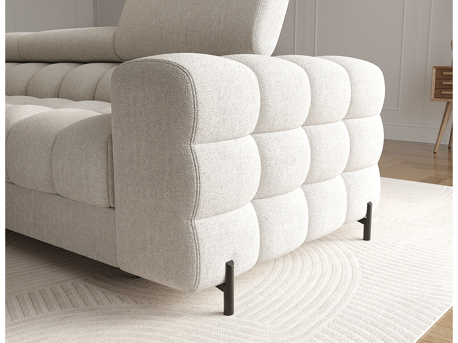 Canapé d’angle convertible tissu appuis-tête réglables KATE – Coffre et pieds métal noir-Blanc cassé-angle gauche