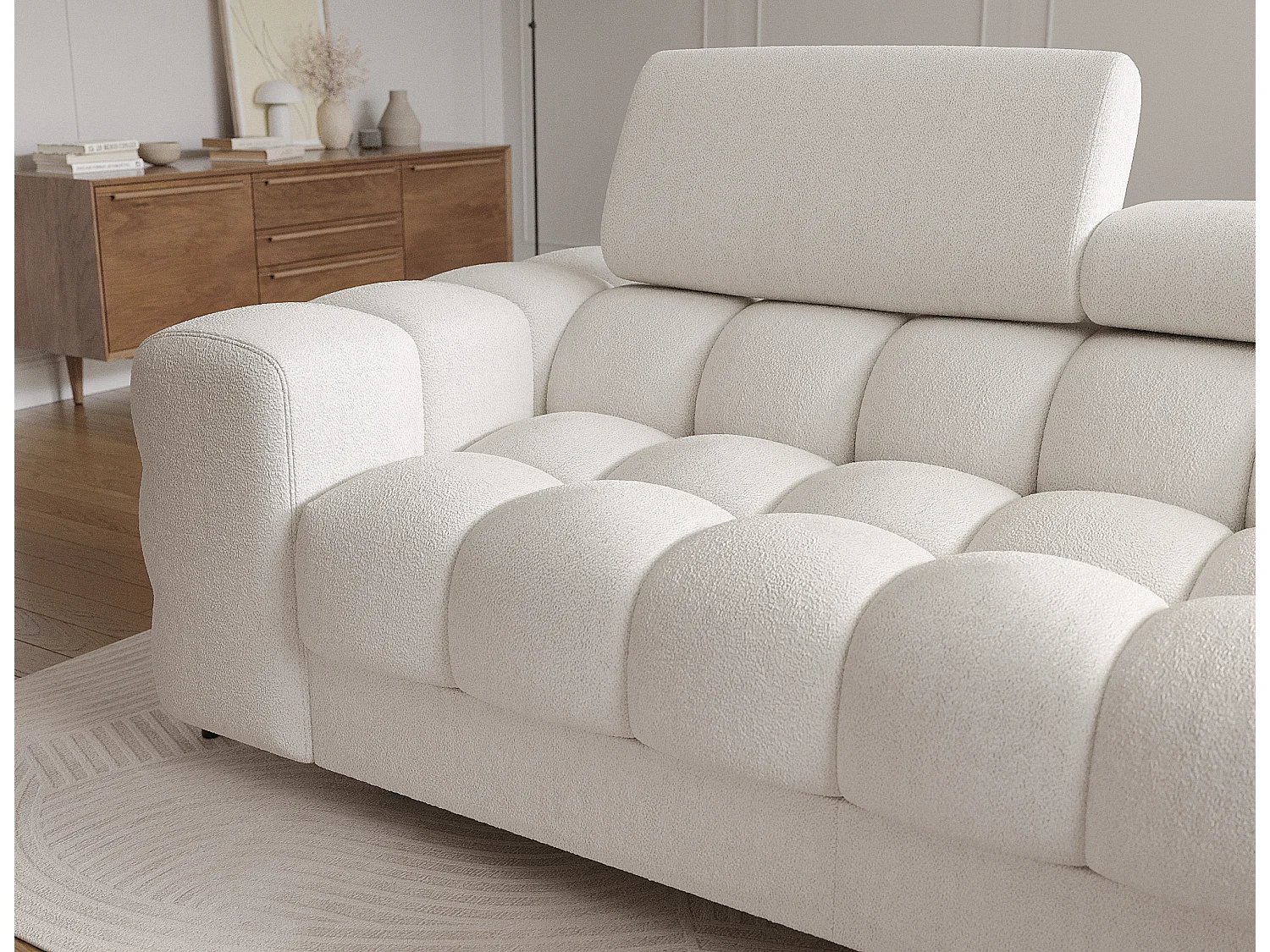 Canapé d’angle convertible tissu appuis-tête réglables KATE – Coffre et pieds métal noir-Blanc cassé-angle gauche