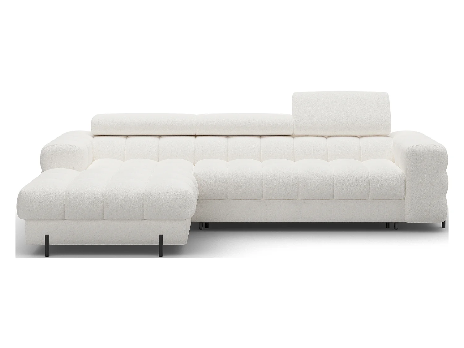 Canapé d’angle convertible tissu appuis-tête réglables KATE – Coffre et pieds métal noir-Blanc cassé-angle gauche