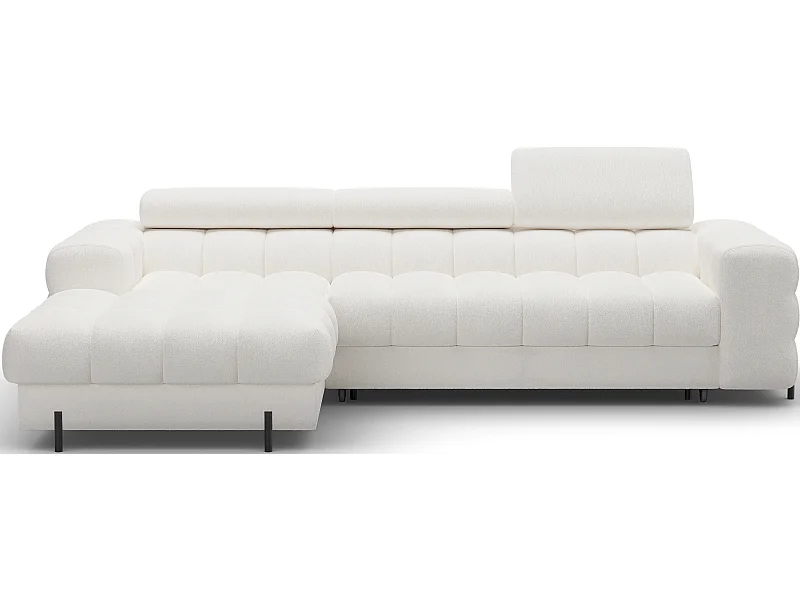 Canapé d’angle convertible tissu appuis-tête réglables KATE – Coffre et pieds métal noir-Blanc cassé-angle gauche