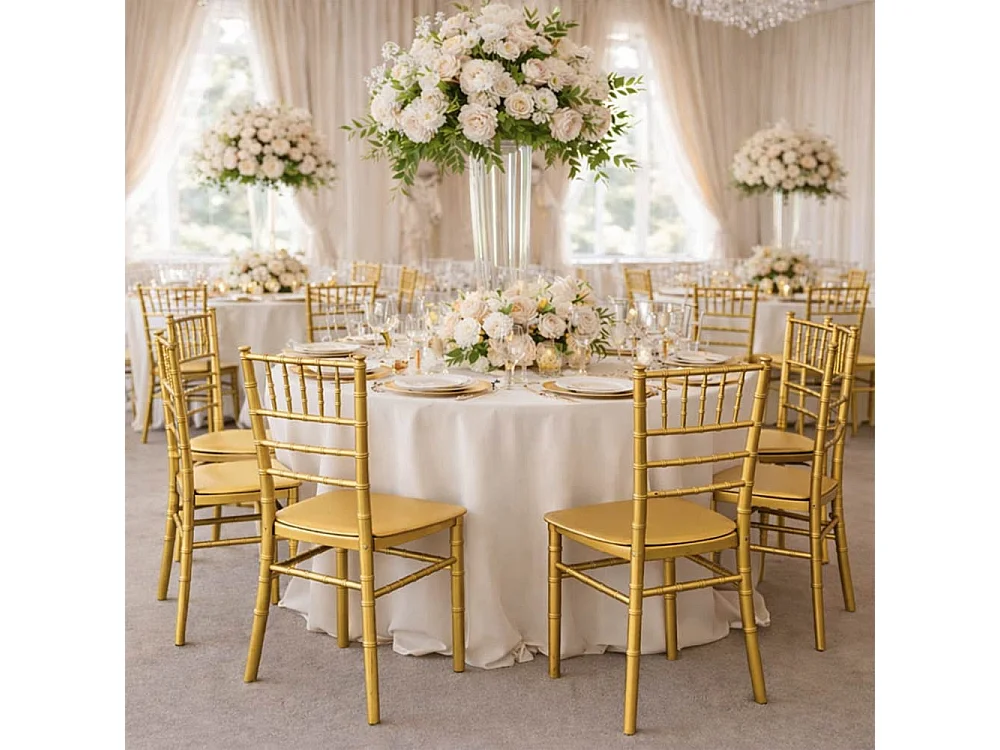 Chaise Chiavari en plastique laiton jaune, modèle renforcé