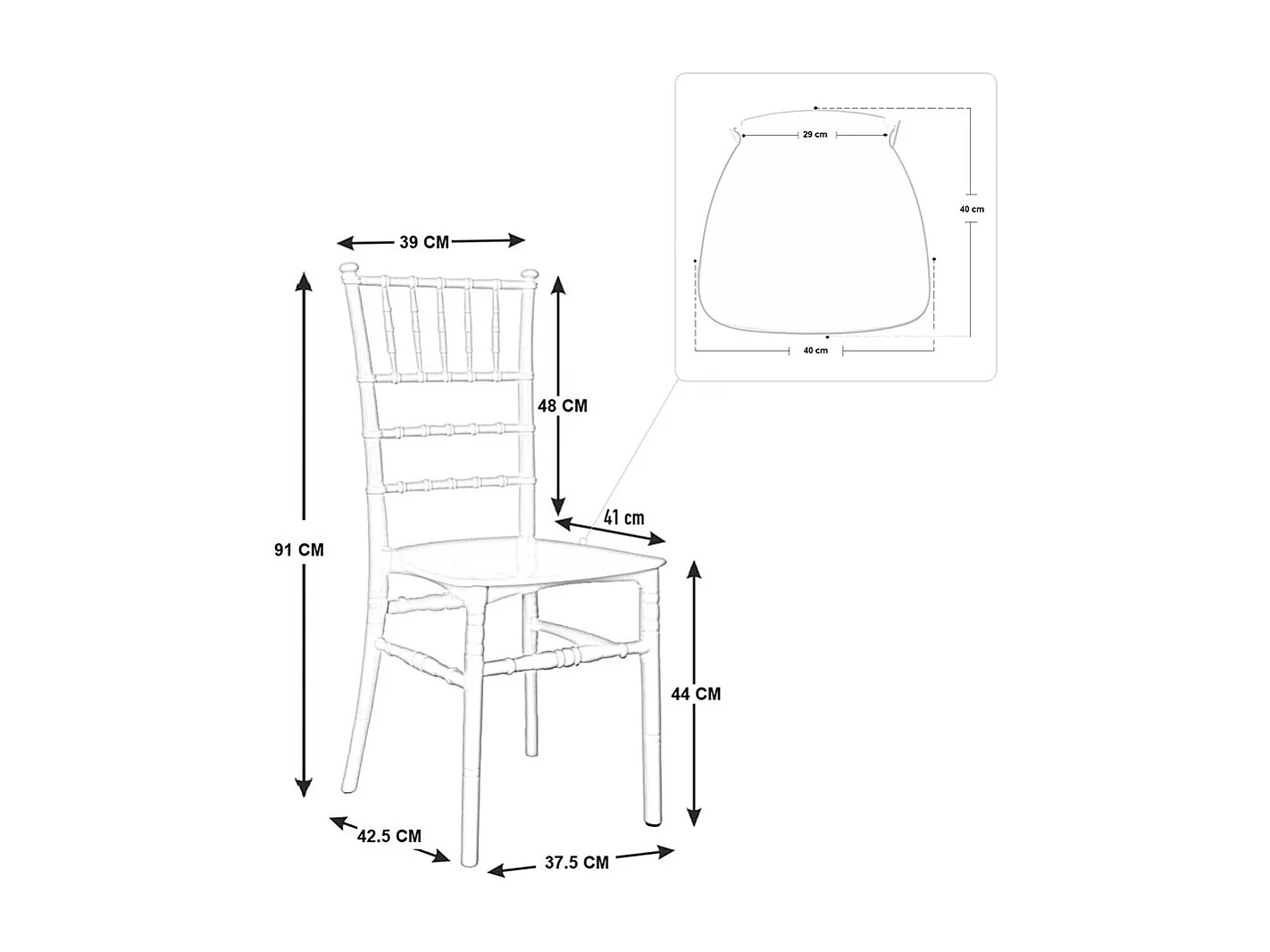 Chaise Chiavari en polypropylène noir brillant, modèle renforcé de plastique