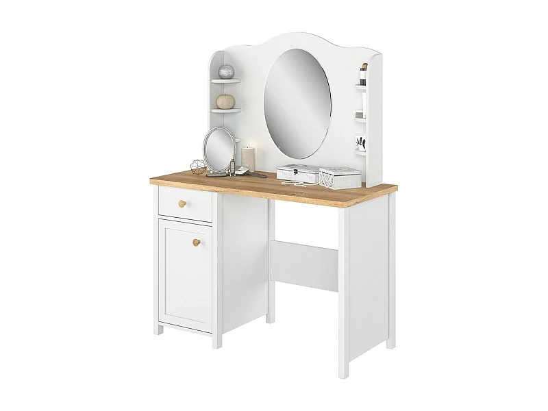 Coiffeuse Romelbo 106, Chêne|Blanc, Miroir, 157x110x52cm