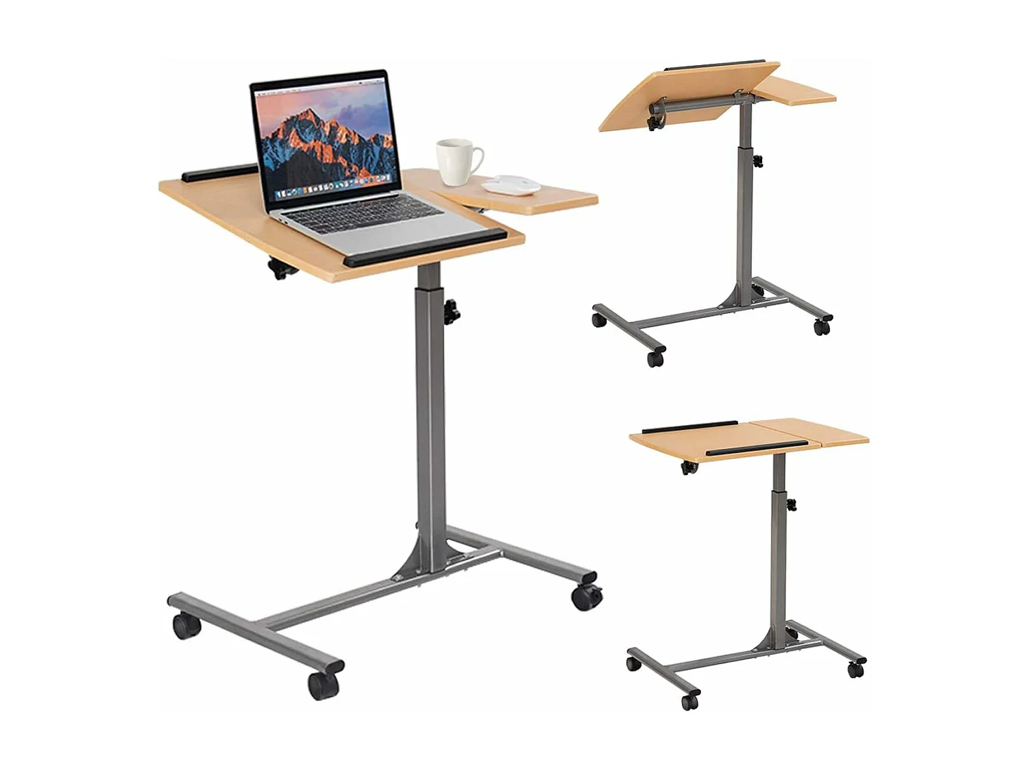 Table d’Ordinateur à roulettes Portable en MDF+Fer Hauteur Réglable 71-93 cm avec 4 roulettes (Noyer)