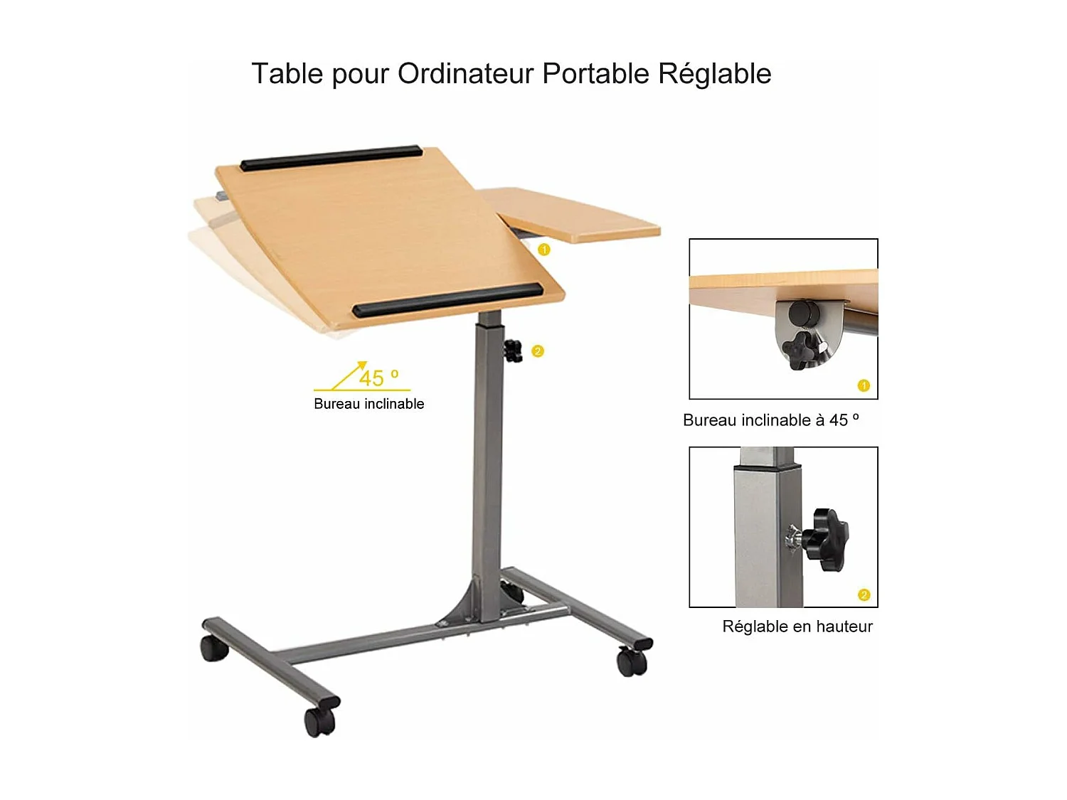 Table d’Ordinateur à roulettes Portable en MDF+Fer Hauteur Réglable 71-93 cm avec 4 roulettes (Noyer)