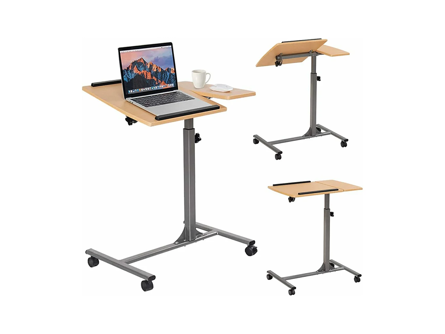 Table d’Ordinateur à roulettes Portable en MDF+Fer Hauteur Réglable 71-93 cm avec 4 roulettes (Noyer)