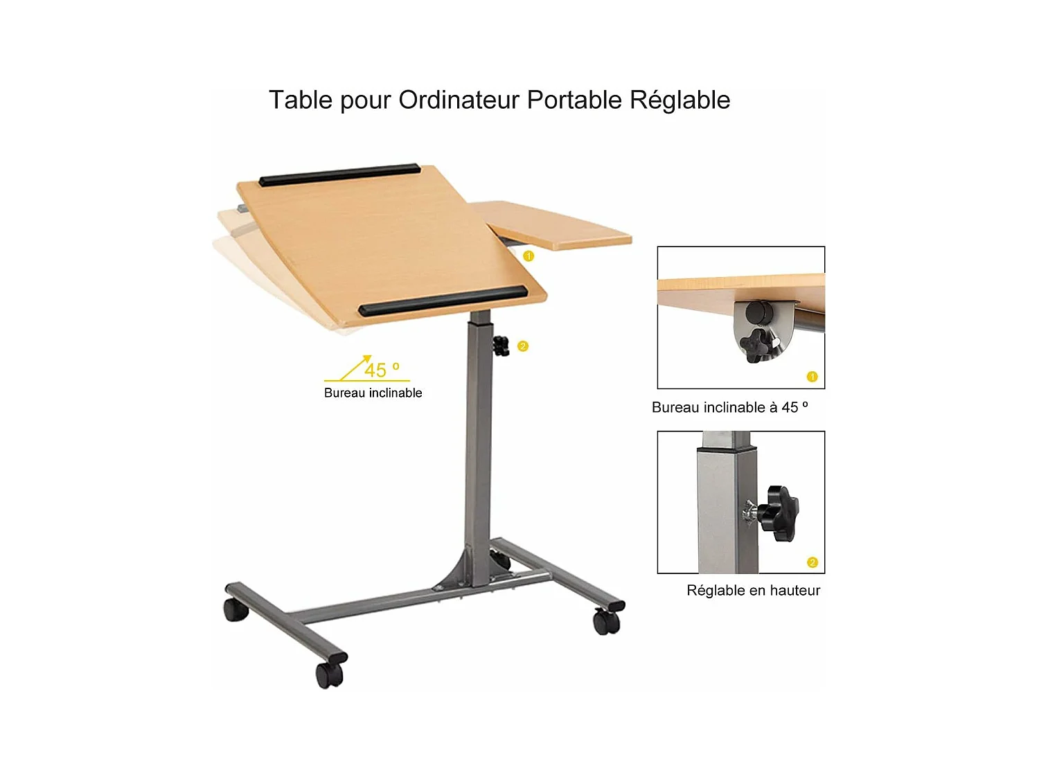 Table d’Ordinateur à roulettes Portable en MDF+Fer Hauteur Réglable 71-93 cm avec 4 roulettes (Noyer)