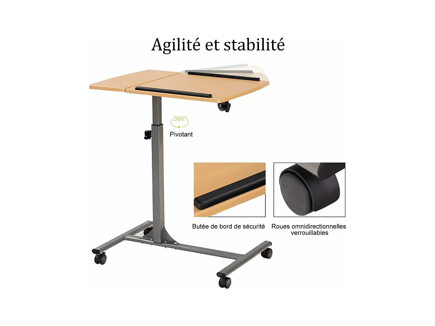 Table d’Ordinateur à roulettes Portable en MDF+Fer Hauteur Réglable 71-93 cm avec 4 roulettes (Noyer)