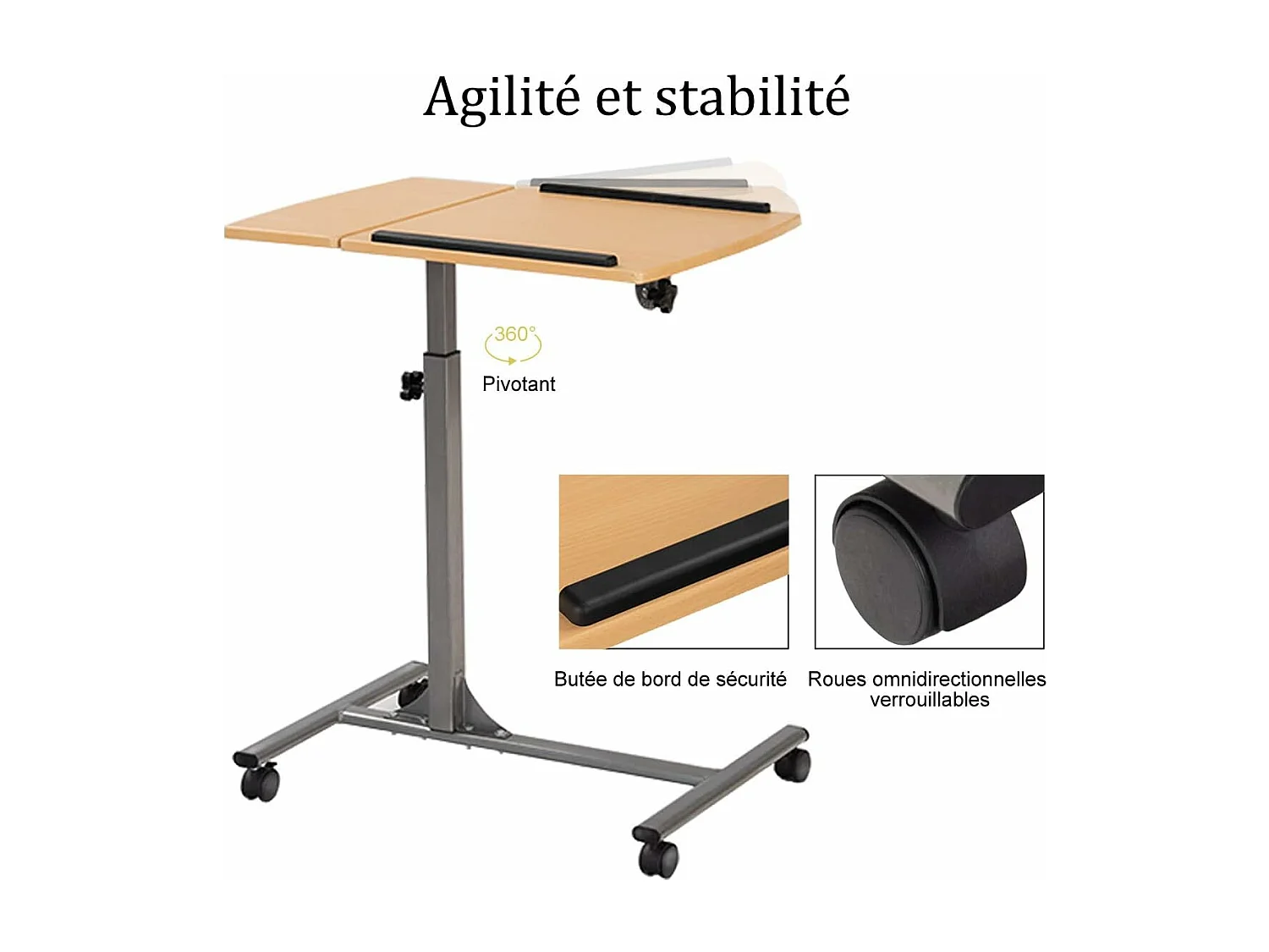 Table d’Ordinateur à roulettes Portable en MDF+Fer Hauteur Réglable 71-93 cm avec 4 roulettes (Noyer)
