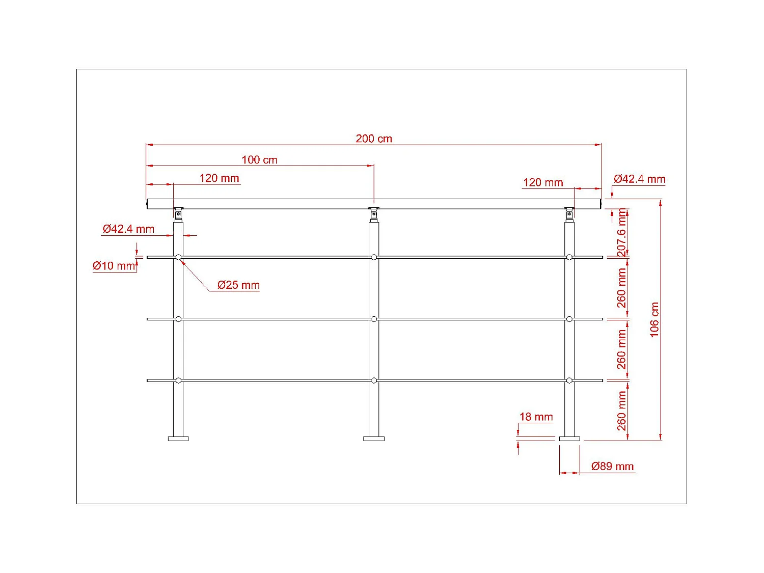 200cm 201 RVS leuning met 3 dwarsbalken voor binnen- en buitengebruik