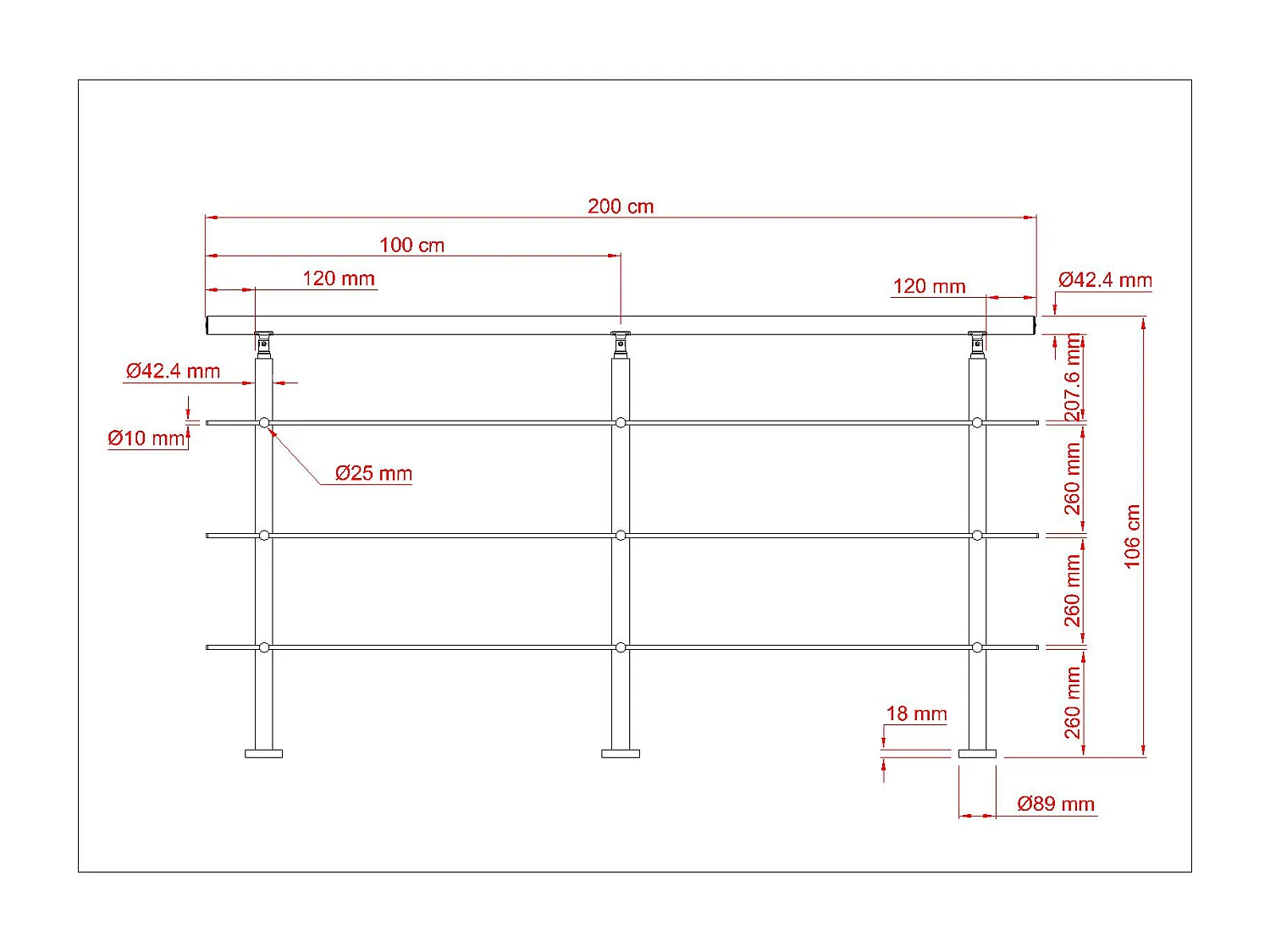 Garde-corps 200cm avec main courante, en acier inoxydable 201, pour intérieur et extérieur, garde-corps avec 3 traverses