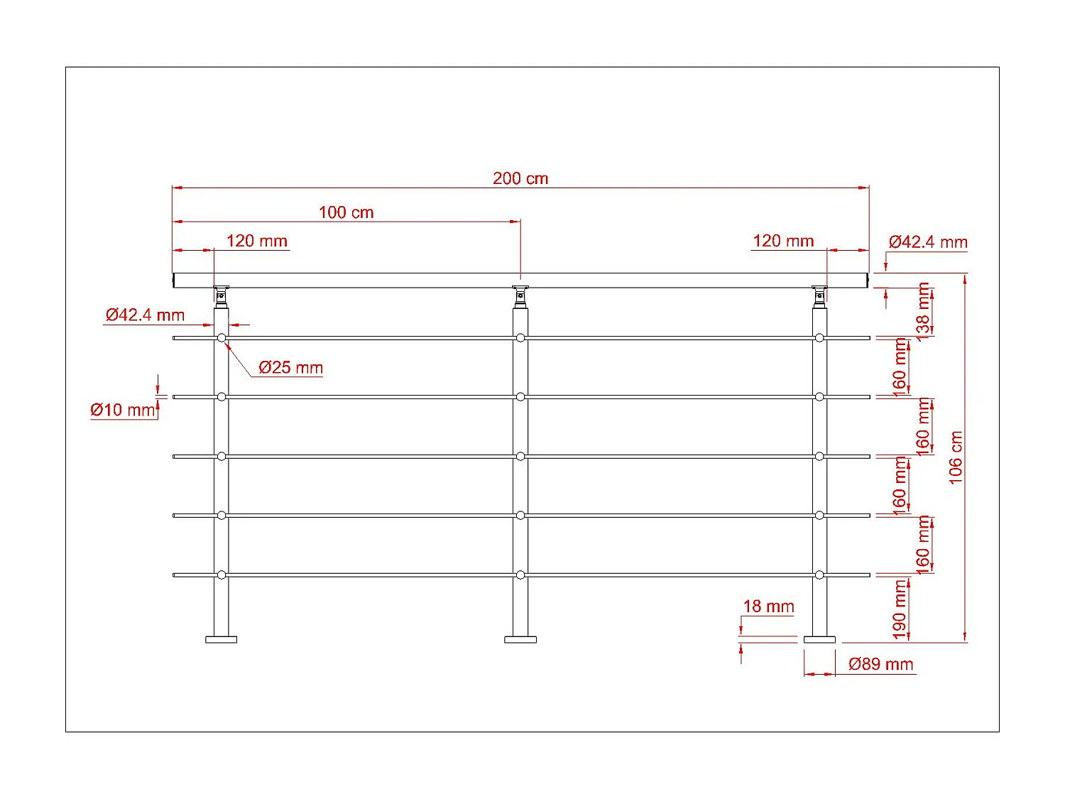 200cm 201 RVS leuning met 5 dwarsbalken voor binnen- en buitengebruik