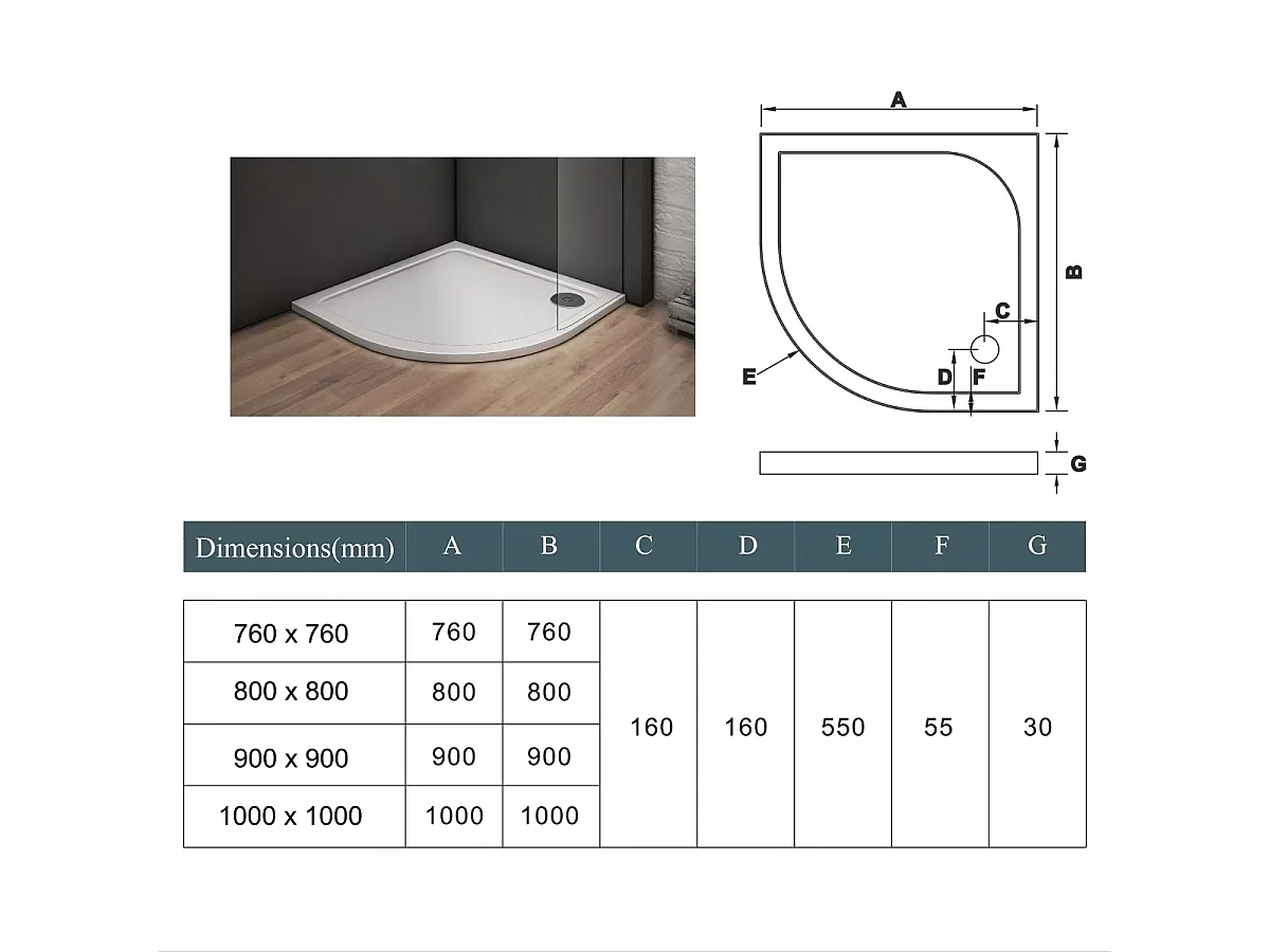 Aica Receveur De Douche blanc 90x90cm 1/4 de cercle bac à douche,extra-plat à poser ou à encastrer,avec le kit de plinthe