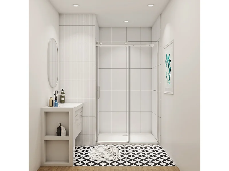 Aica porte de douche coulissante chromé 150x195cm, 8mm verre sécurit anticalcaire, installation en niche,Paroi de douche avec porte coulissante