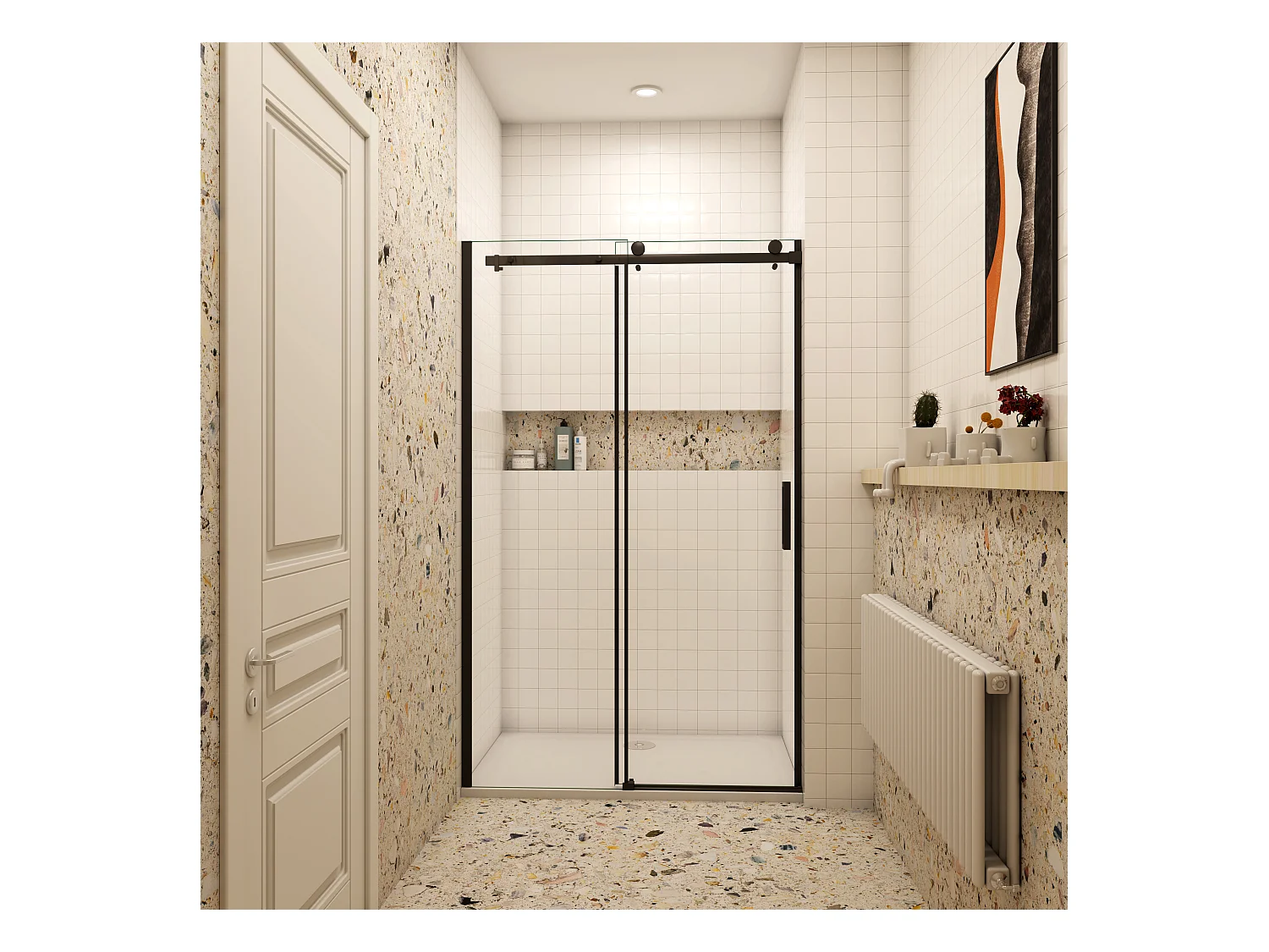 AICA schuifdeur douche 110x200cm, matzwarte werkplaatsstijl, zwarte schuifdeur douche in 8mm antikalkglas