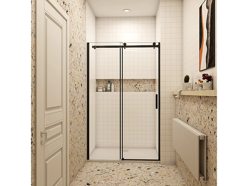 AICA porte de douche coulissante 120x200cm, noir mat style atelier, porte de douche coulissante noir en 8mm verre anticalcaire