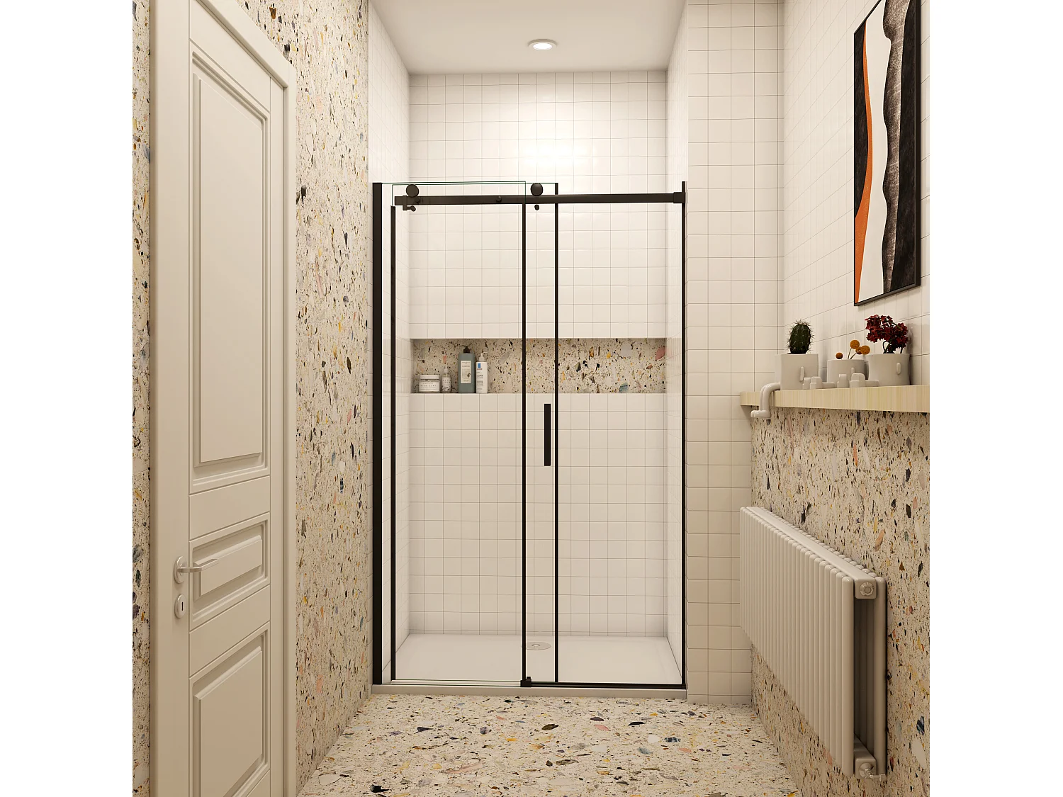 AICA porte de douche coulissante 120x200cm, noir mat style atelier, porte de douche coulissante noir en 8mm verre anticalcaire