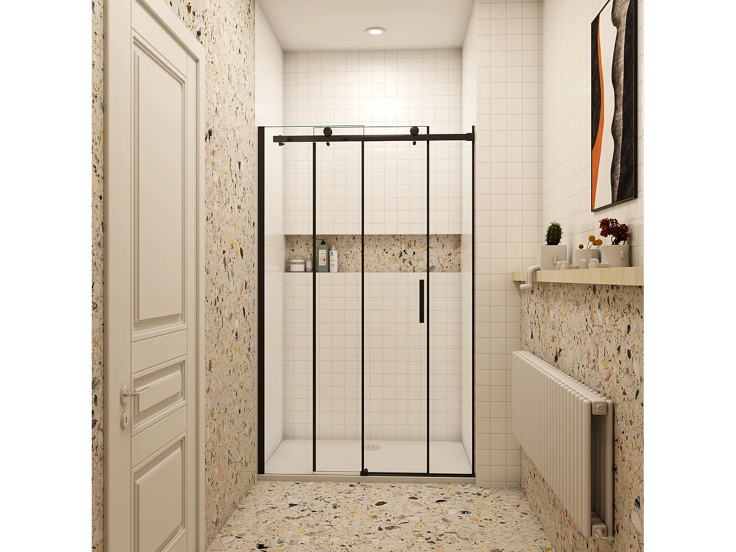 AICA porte de douche coulissante 140x200cm, noir mat style atelier, porte de douche coulissante noir en 8mm verre anticalcaire