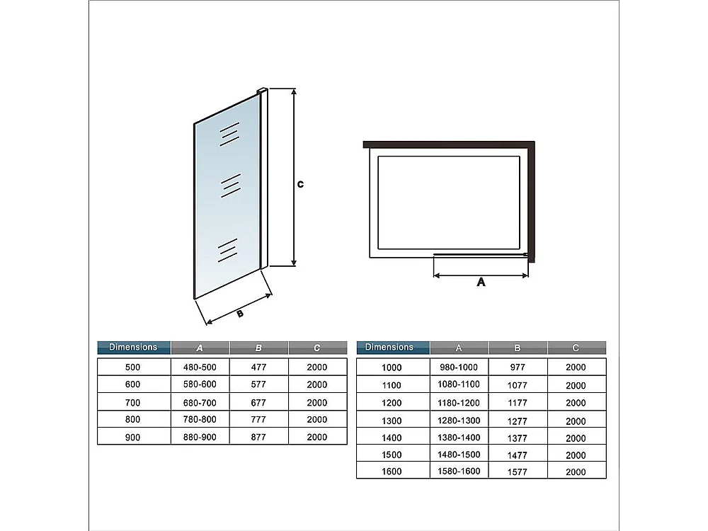 AICA vaste inloopdouchewand 160x200cm, werkplaatsmodel, verchroomd aluminium profiel, 8mm antikalkglas, zonder douchebak