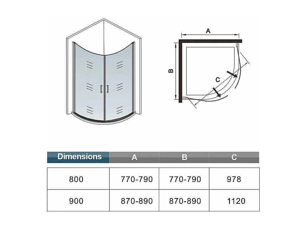 AICA Cabine de Douche Quart de Cercle 80x80x195 cm,Portes Pivotantes 180°, Verre Sécurisé 6 mm