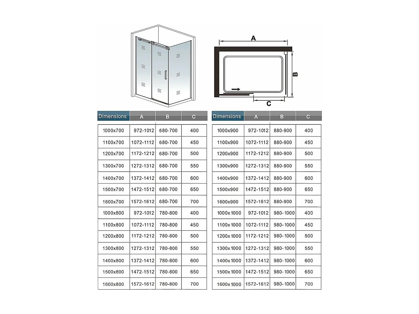 AICA schuifdouchecabine 110x100x195cm, omkeerbare installatie, 8mm veiligheidsglas, schuifdouchedeur