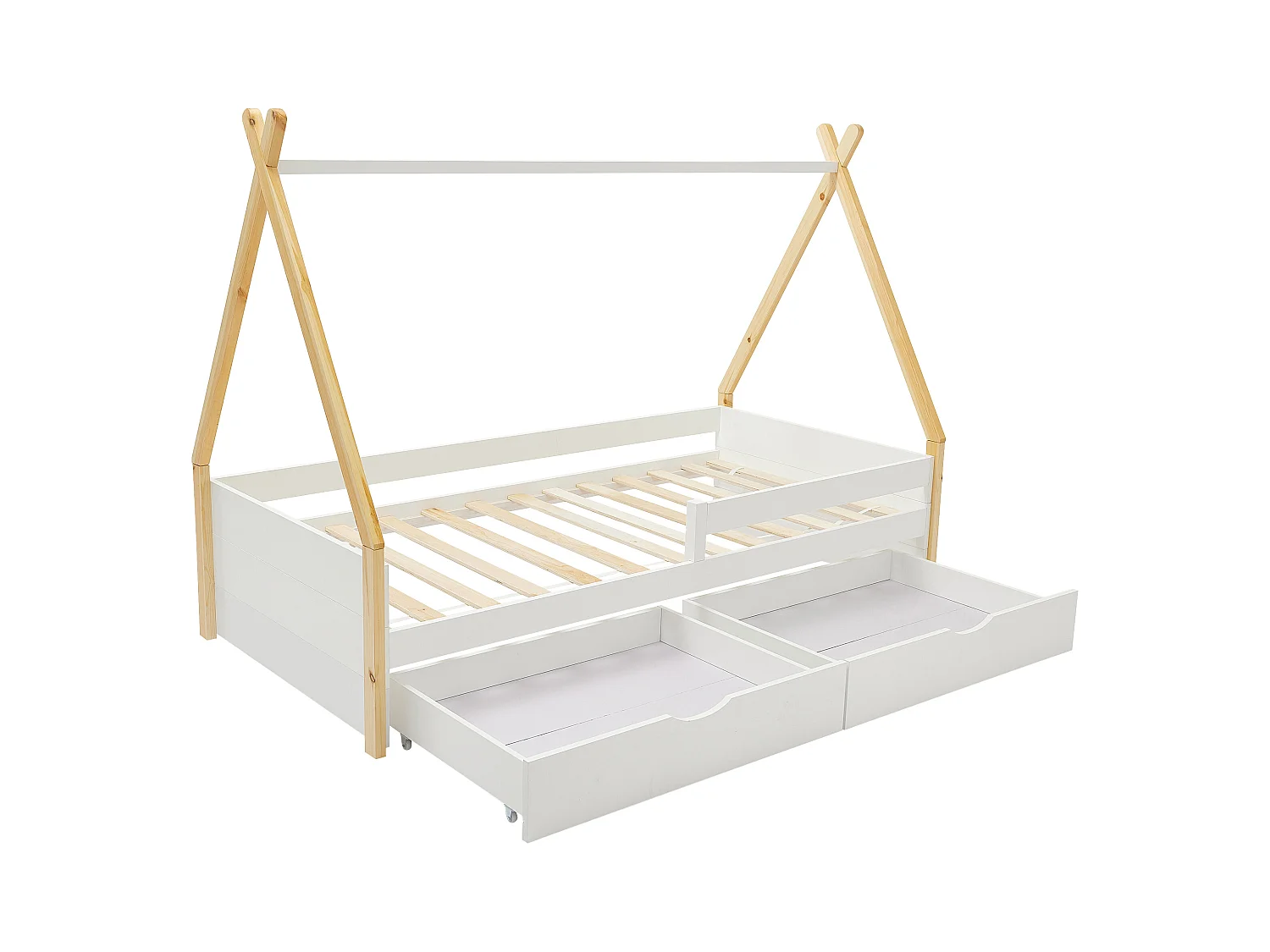 Lit tipi 90 x 190 cm avec tiroirs - Pin et MDF - Coloris : Blanc et naturel + Matelas - LUANCO
